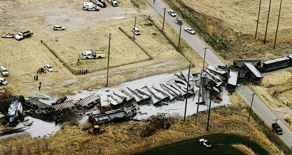 Aerial view of derailment caused by Grade Crossing Collision.